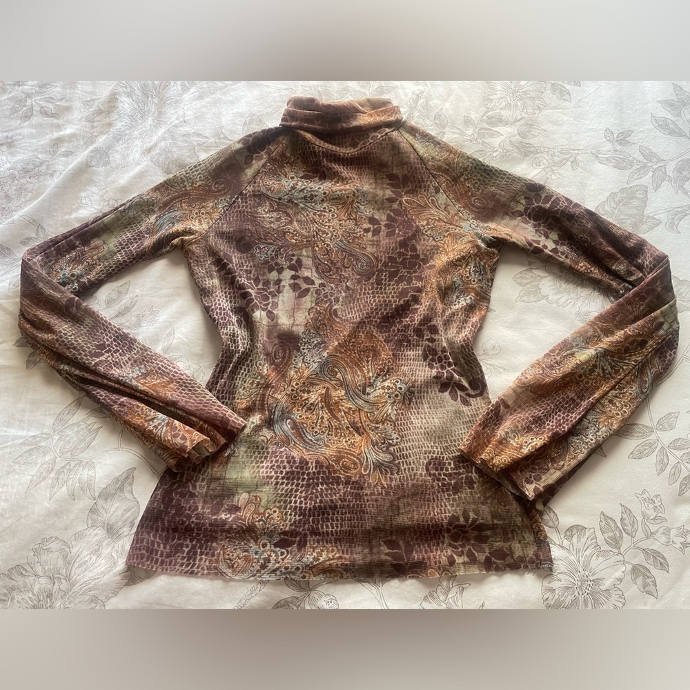 Y2K Green Paisley Micro Mesh Mock Neck Long Sleeve Top Small Bratz‎ Fairycore
